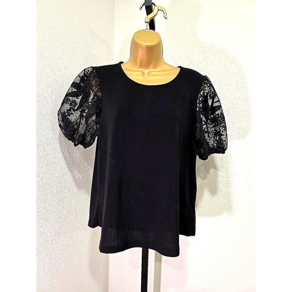 Black Stretch Knit Blouse Med Lace Puff Sleeve Romantic Cottage Fairy Goth Sheer